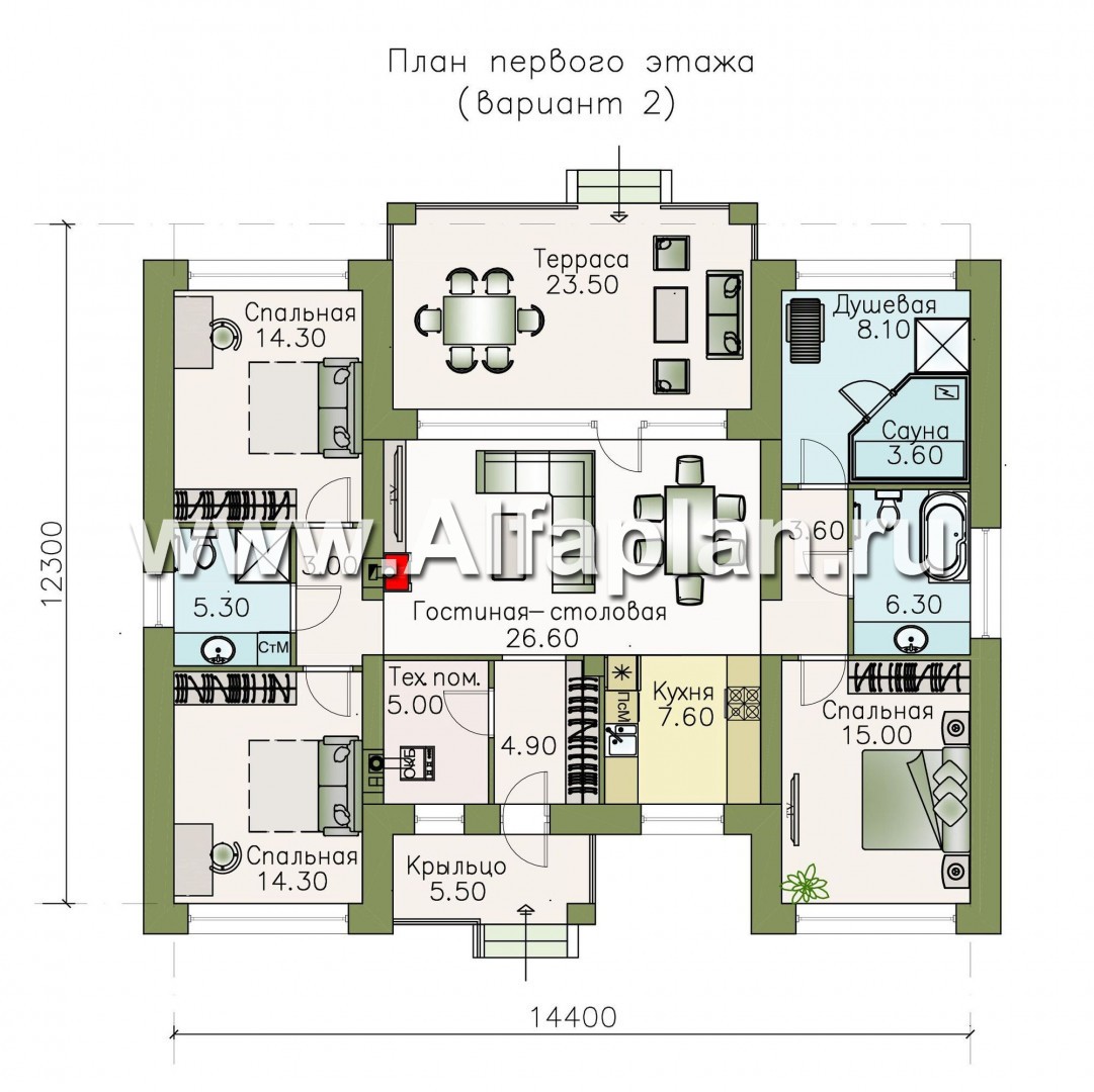 Проекты домов Альфаплан - «Леда» - проект одноэтажного дома, 4 спальни, с террасой, отличная планировка - план проекта №2