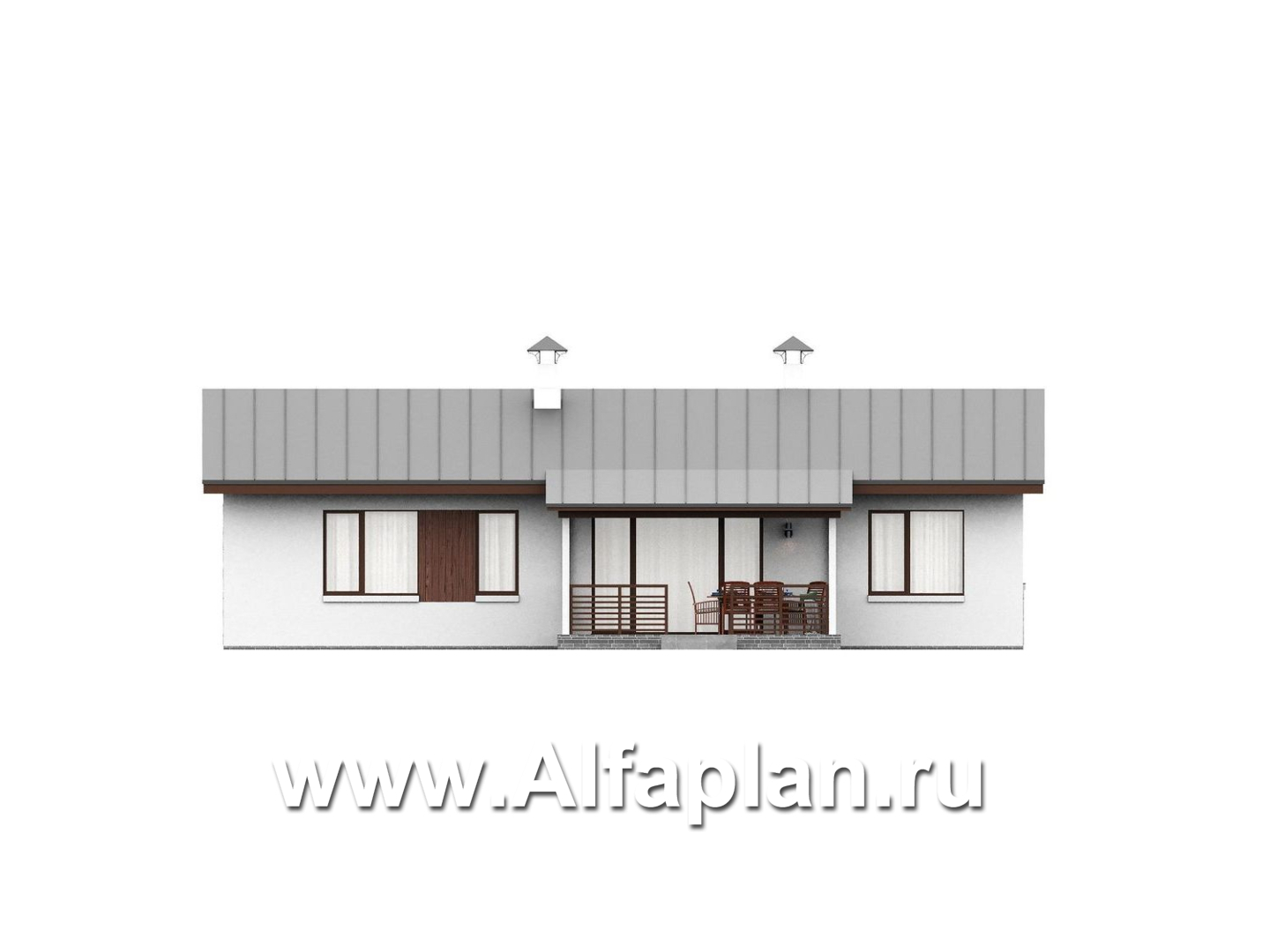 «Прозрачность» - проект простого одноэтажного дома из газоблоков, планировка 2 спальни и кабинет, гостиная с окнами с двух сторон, с террасой - фасад дома