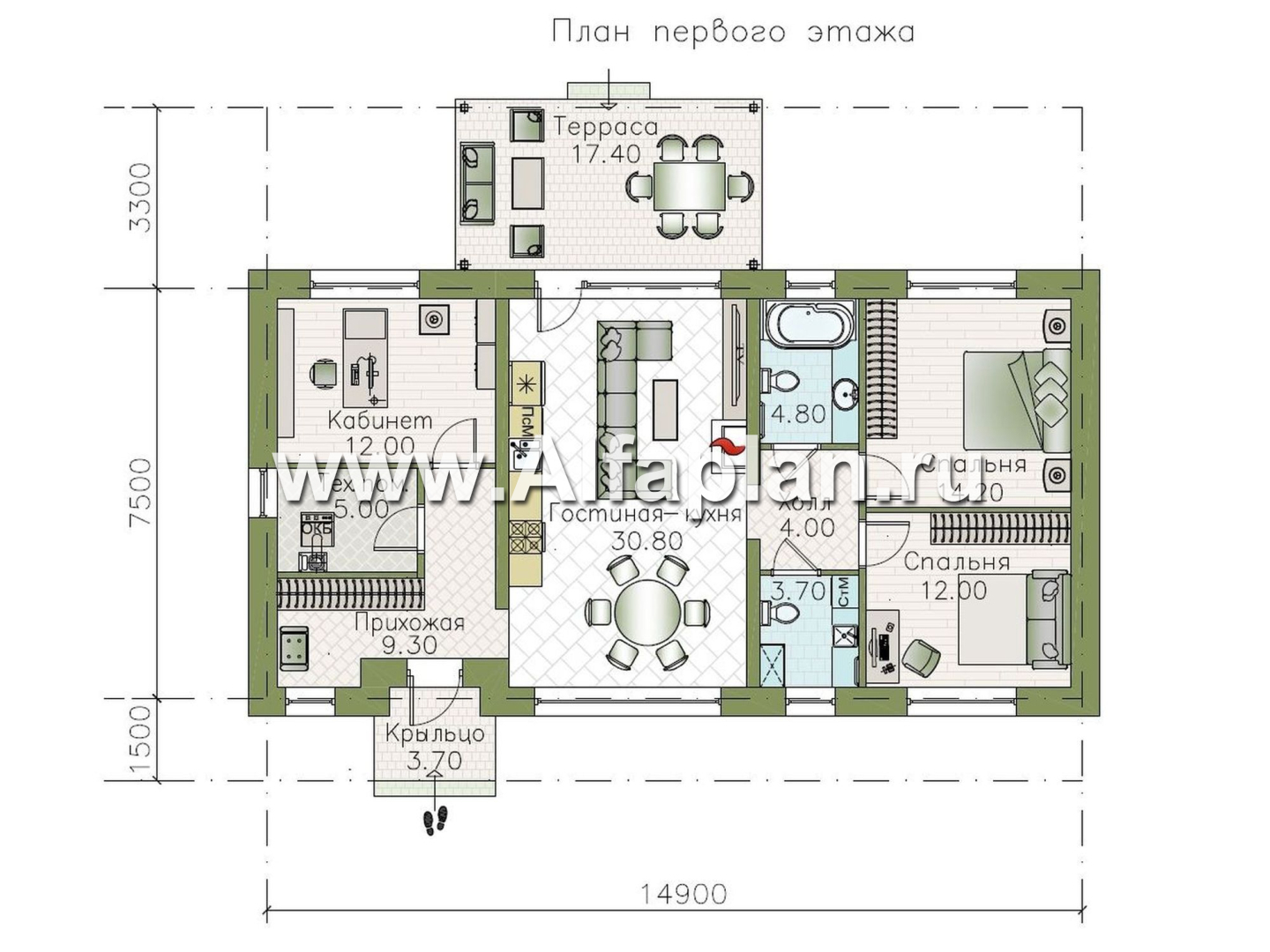 «Прозрачность» - проект простого одноэтажного дома из газоблоков, планировка 2 спальни и кабинет, гостиная с окнами с двух сторон, с террасой - план дома