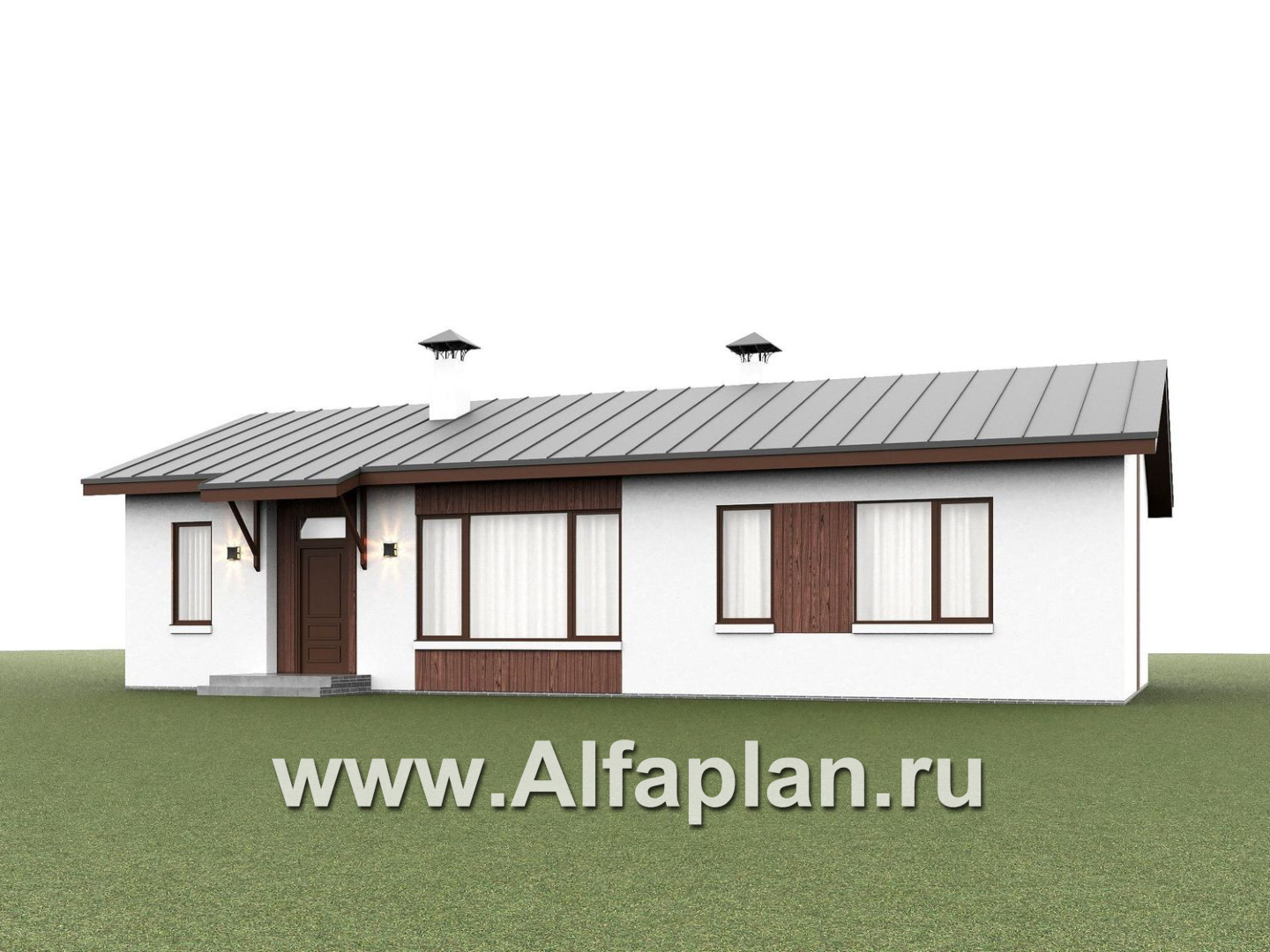 «Прозрачность» - проект простого одноэтажного дома из газоблоков, планировка 2 спальни и кабинет, гостиная с окнами с двух сторон, с террасой - дизайн дома №1