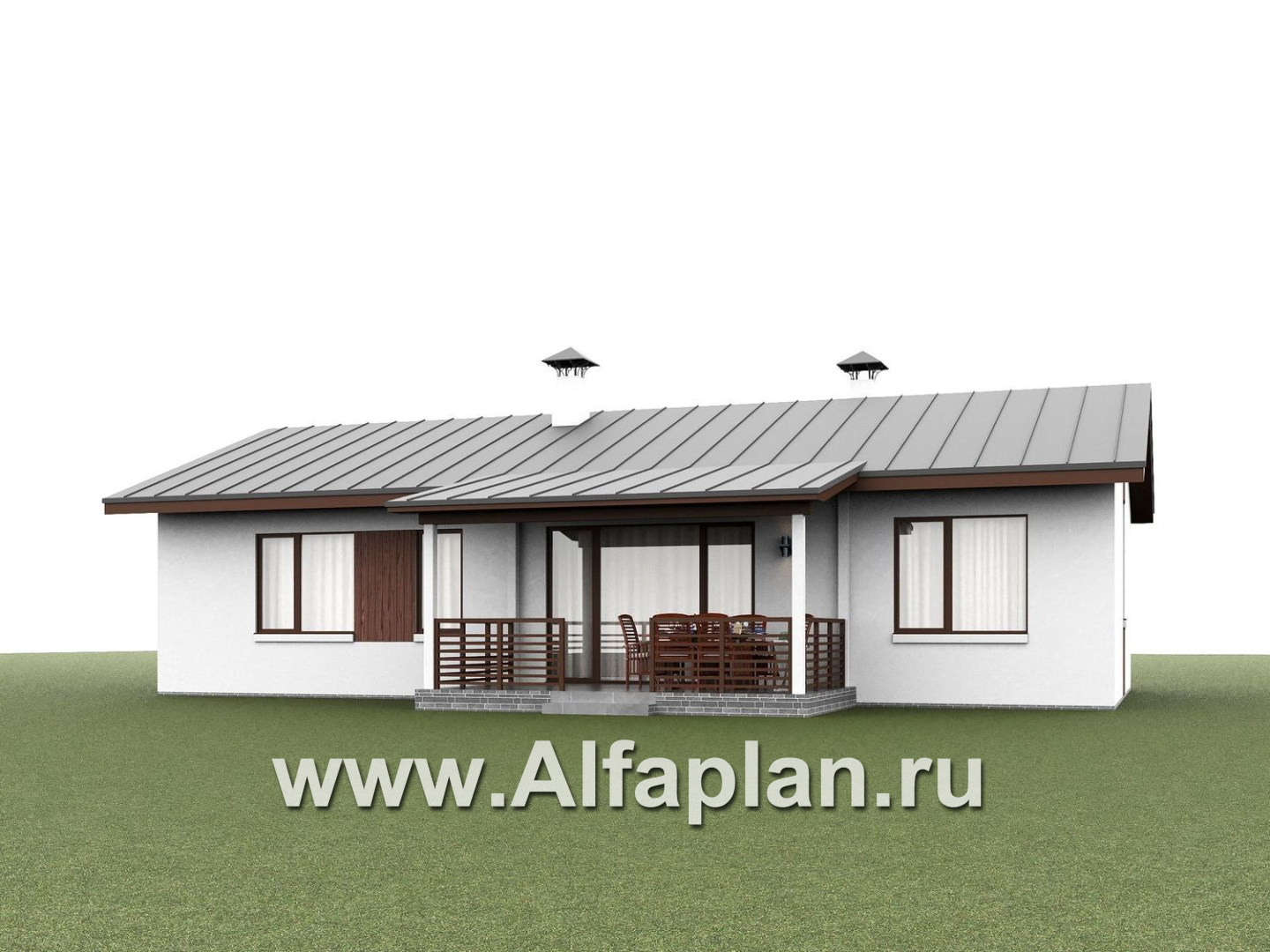 «Прозрачность» - проект простого одноэтажного дома из газоблоков, планировка 2 спальни и кабинет, гостиная с окнами с двух сторон, с террасой - дизайн дома №2