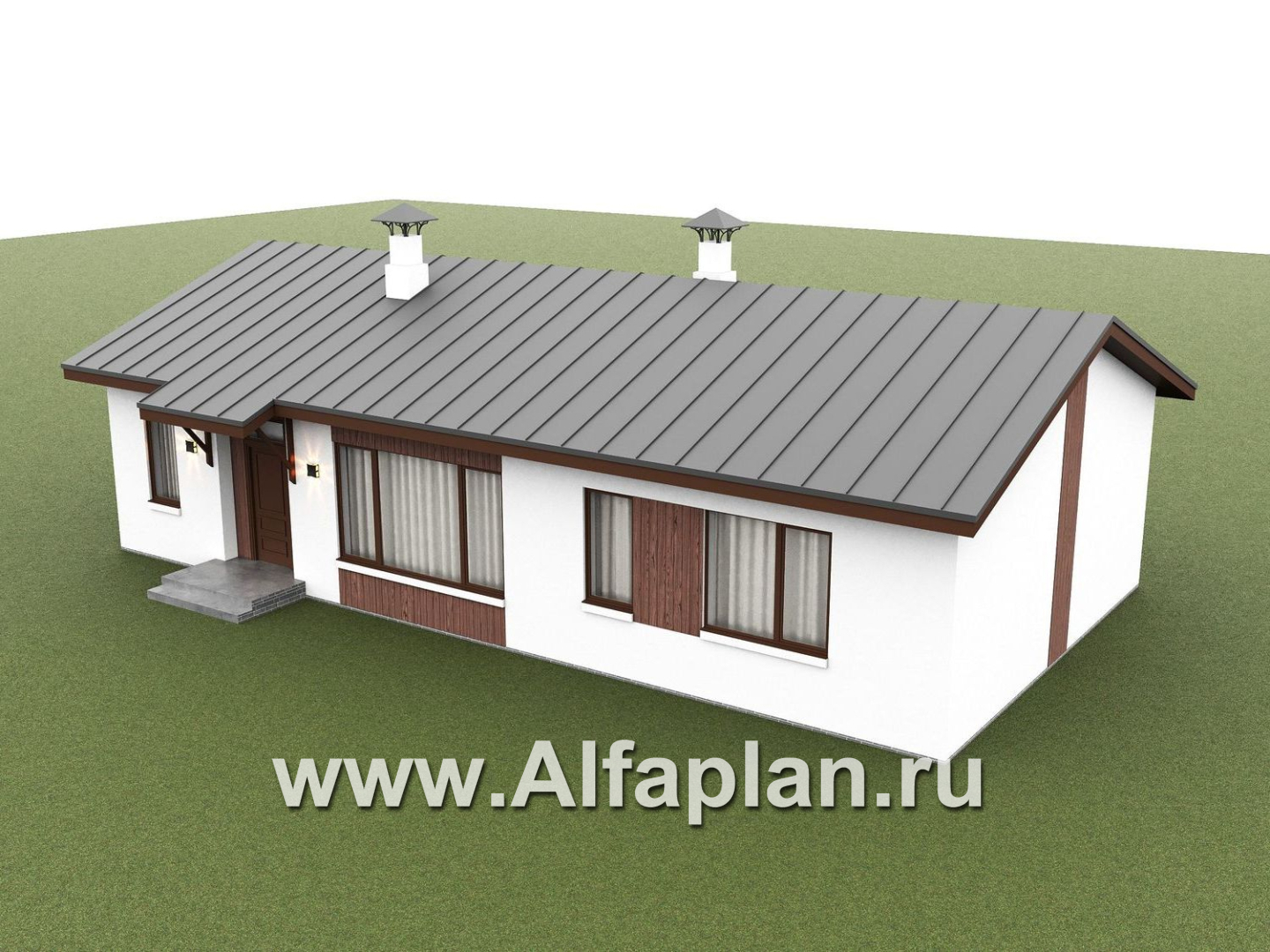 «Прозрачность» - проект простого одноэтажного дома из газоблоков, планировка 2 спальни и кабинет, гостиная с окнами с двух сторон, с террасой - дизайн дома №3