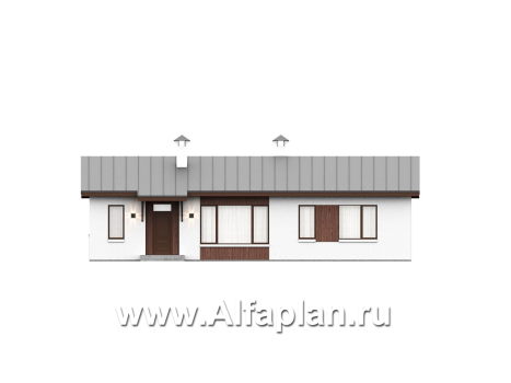 «Прозрачность» - проект простого одноэтажного дома из газоблоков, планировка 2 спальни и кабинет, гостиная с окнами с двух сторон, с террасой - превью фасада дома