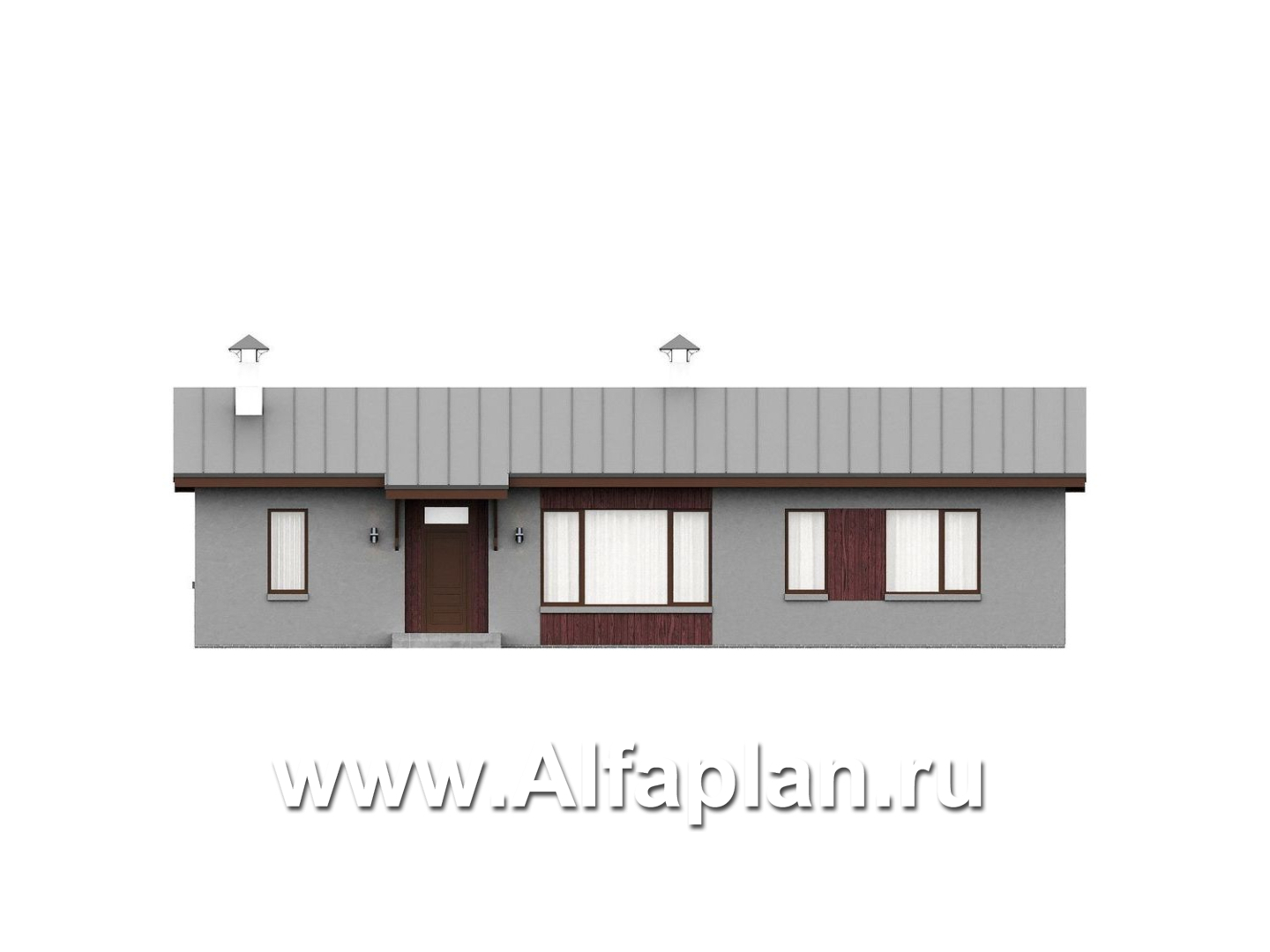 «Прозрачность» - проект простого одноэтажного дома из газоблоков, планировка 3 спальни (мастер спальня), гостиная с окнами с двух сторон, с террасой - фасад дома
