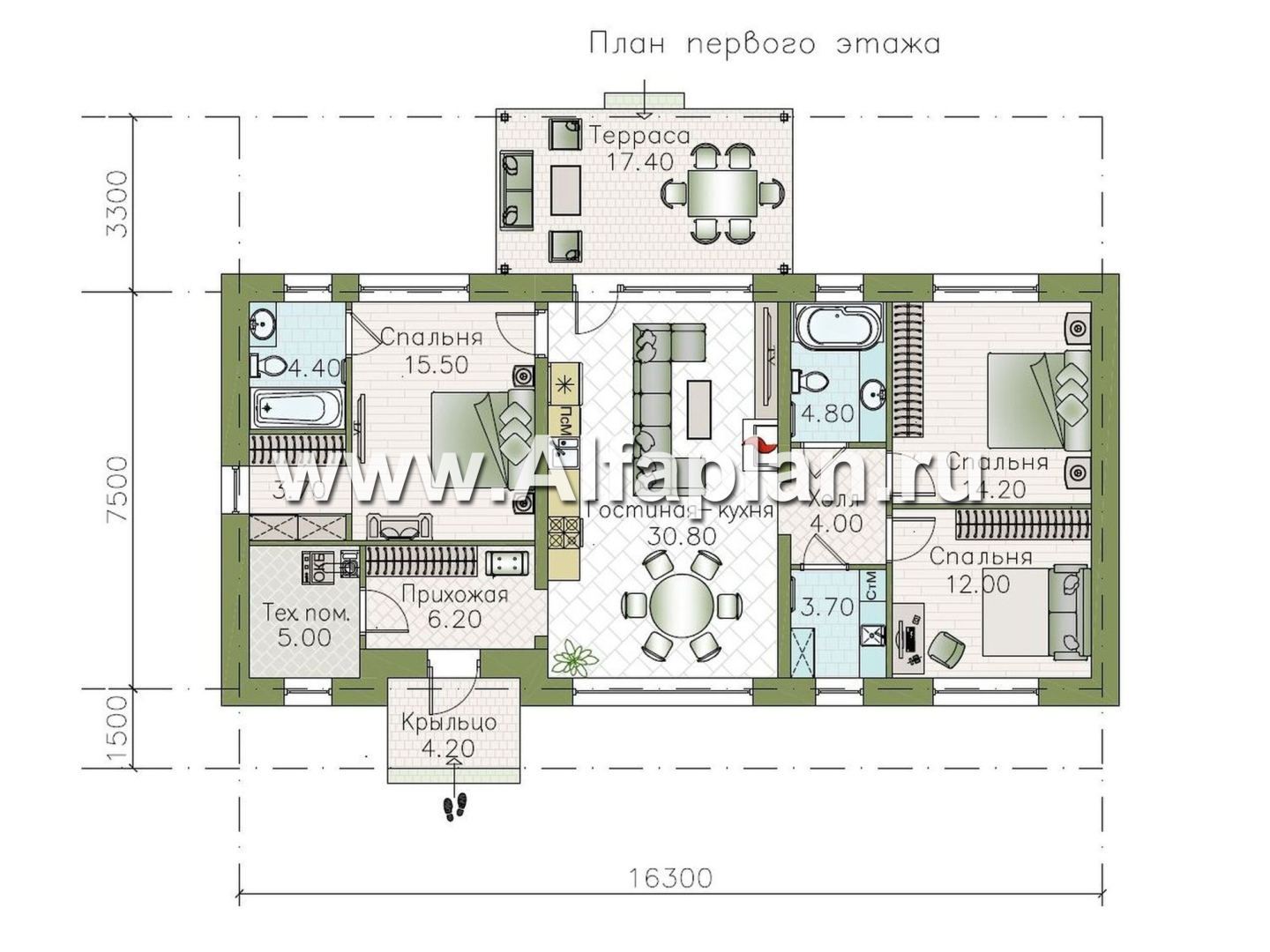 «Прозрачность» - проект простого одноэтажного дома из газоблоков, планировка 3 спальни (мастер спальня), гостиная с окнами с двух сторон, с террасой - план дома