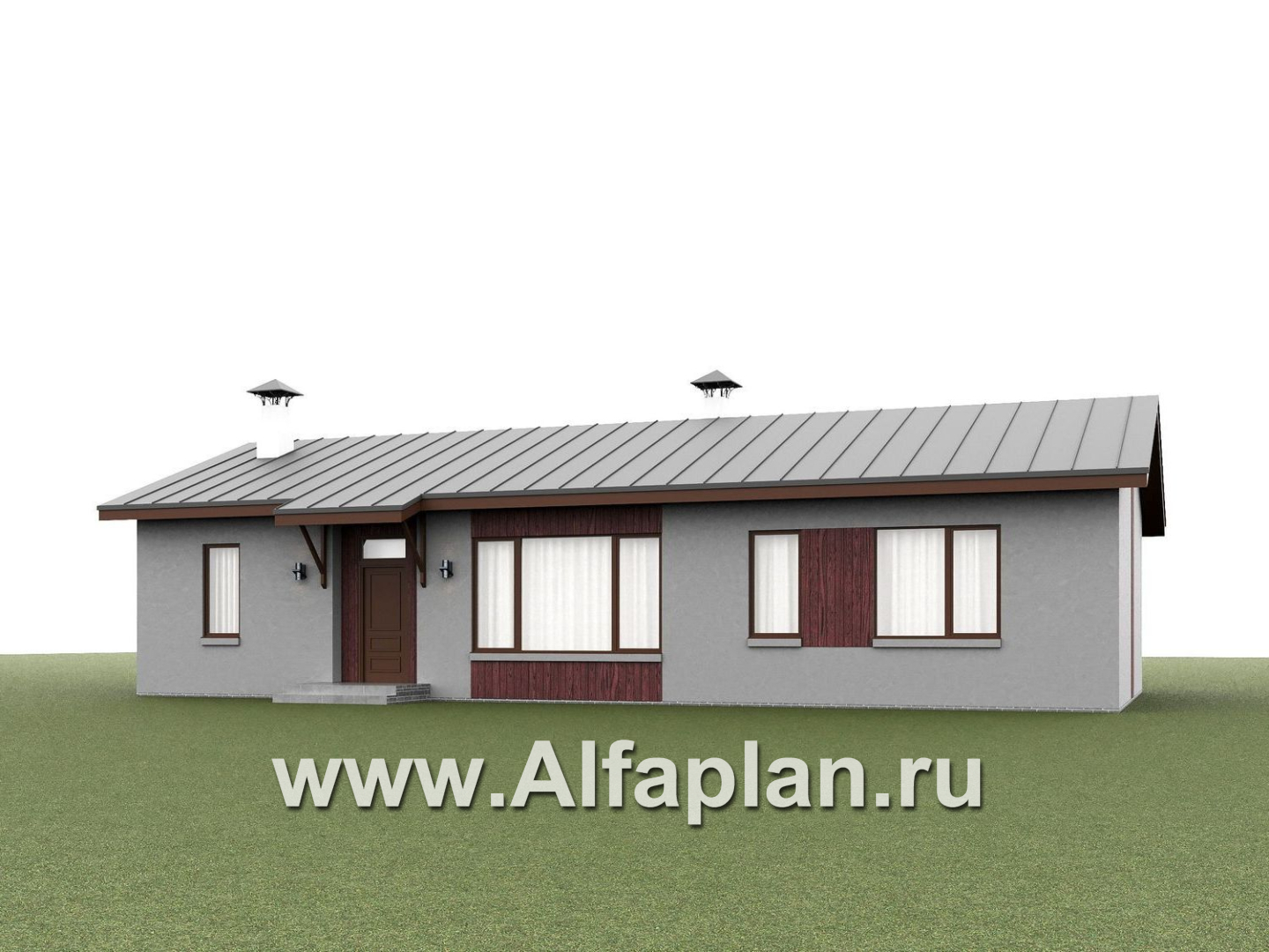 «Прозрачность» - проект простого одноэтажного дома из газоблоков, планировка 3 спальни (мастер спальня), гостиная с окнами с двух сторон, с террасой - дизайн дома №1
