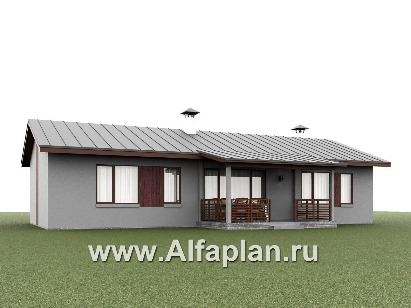 «Прозрачность» - проект простого одноэтажного дома из газоблоков, планировка 3 спальни (мастер спальня), гостиная с окнами с двух сторон, с террасой - дизайн дома №2