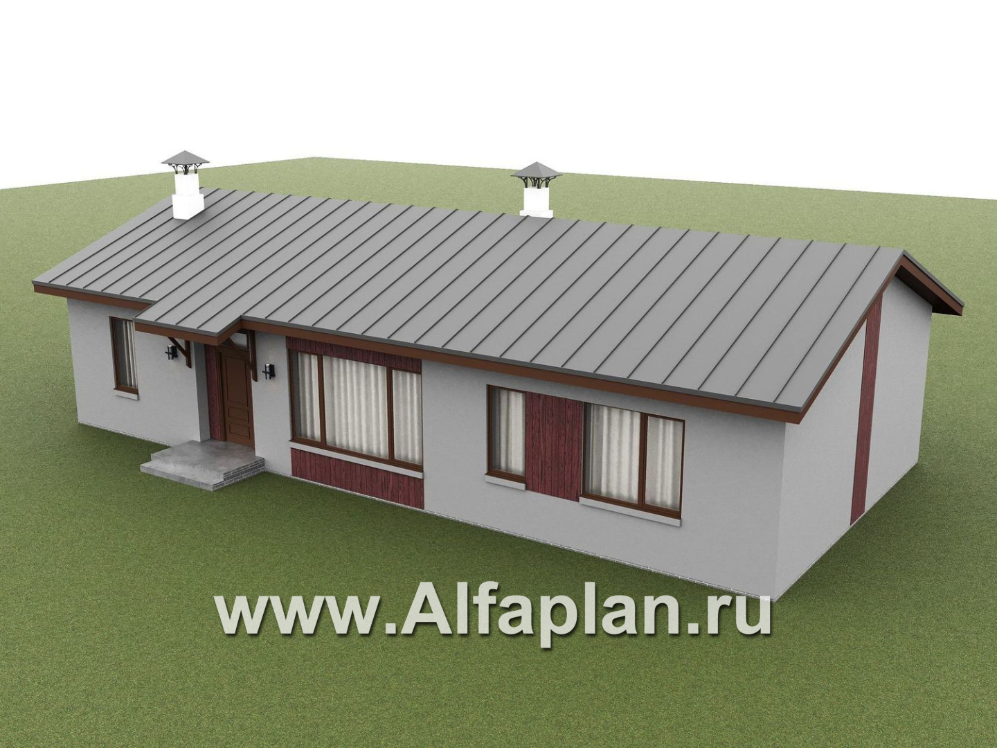 «Прозрачность» - проект простого одноэтажного дома из газоблоков, планировка 3 спальни (мастер спальня), гостиная с окнами с двух сторон, с террасой - дизайн дома №3