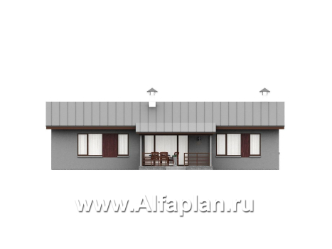 «Прозрачность» - проект простого одноэтажного дома из газоблоков, планировка 3 спальни (мастер спальня), гостиная с окнами с двух сторон, с террасой - превью фасада дома