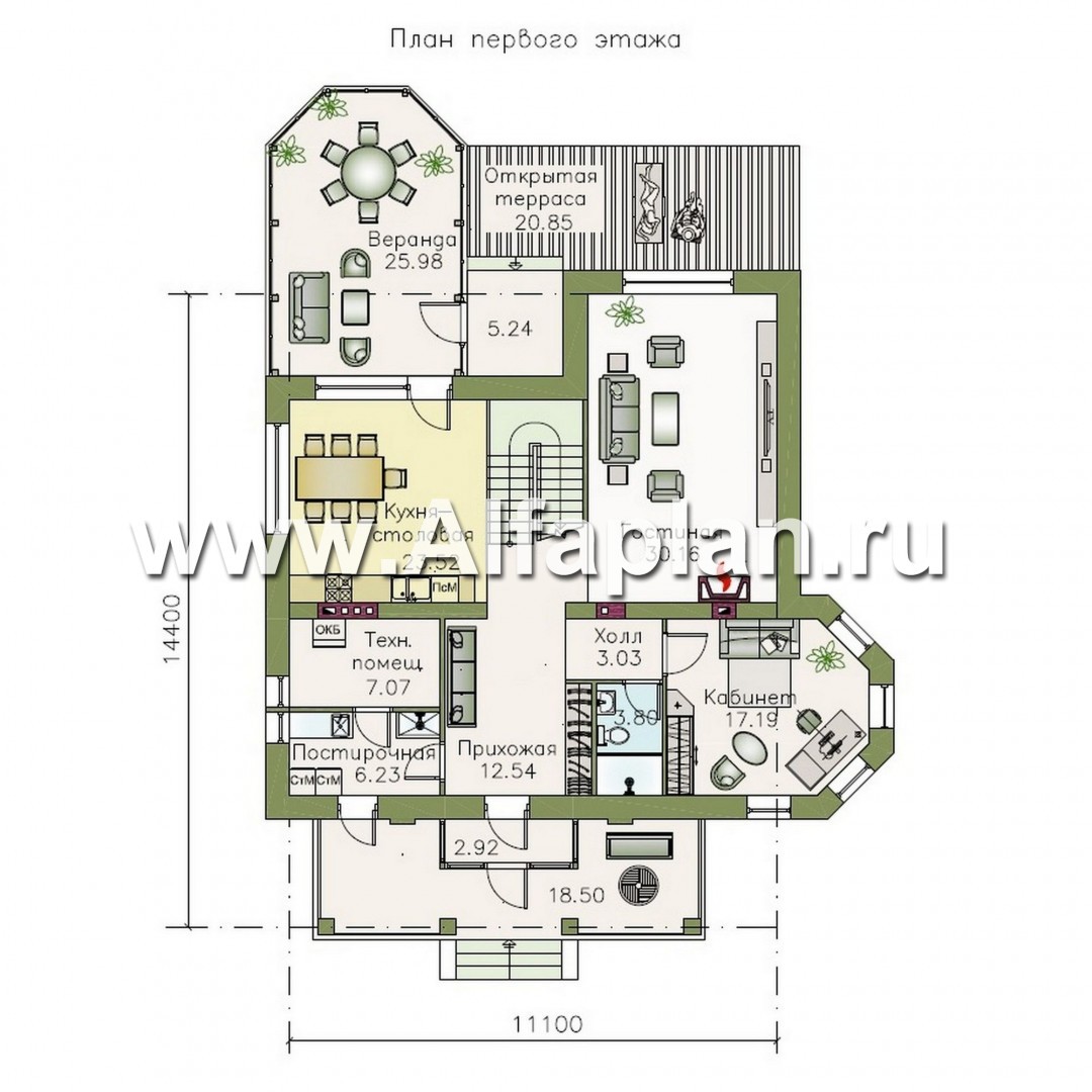 Проекты домов Альфаплан - «Львиное сердце» - загородный коттедж с просторной верандой - план проекта №1