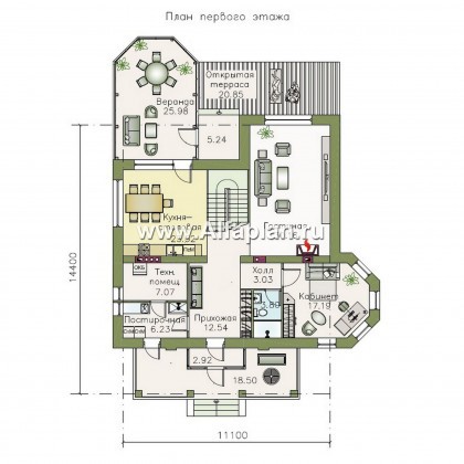 Проекты домов Альфаплан - «Львиное сердце» - загородный коттедж с просторной верандой - превью плана проекта №1