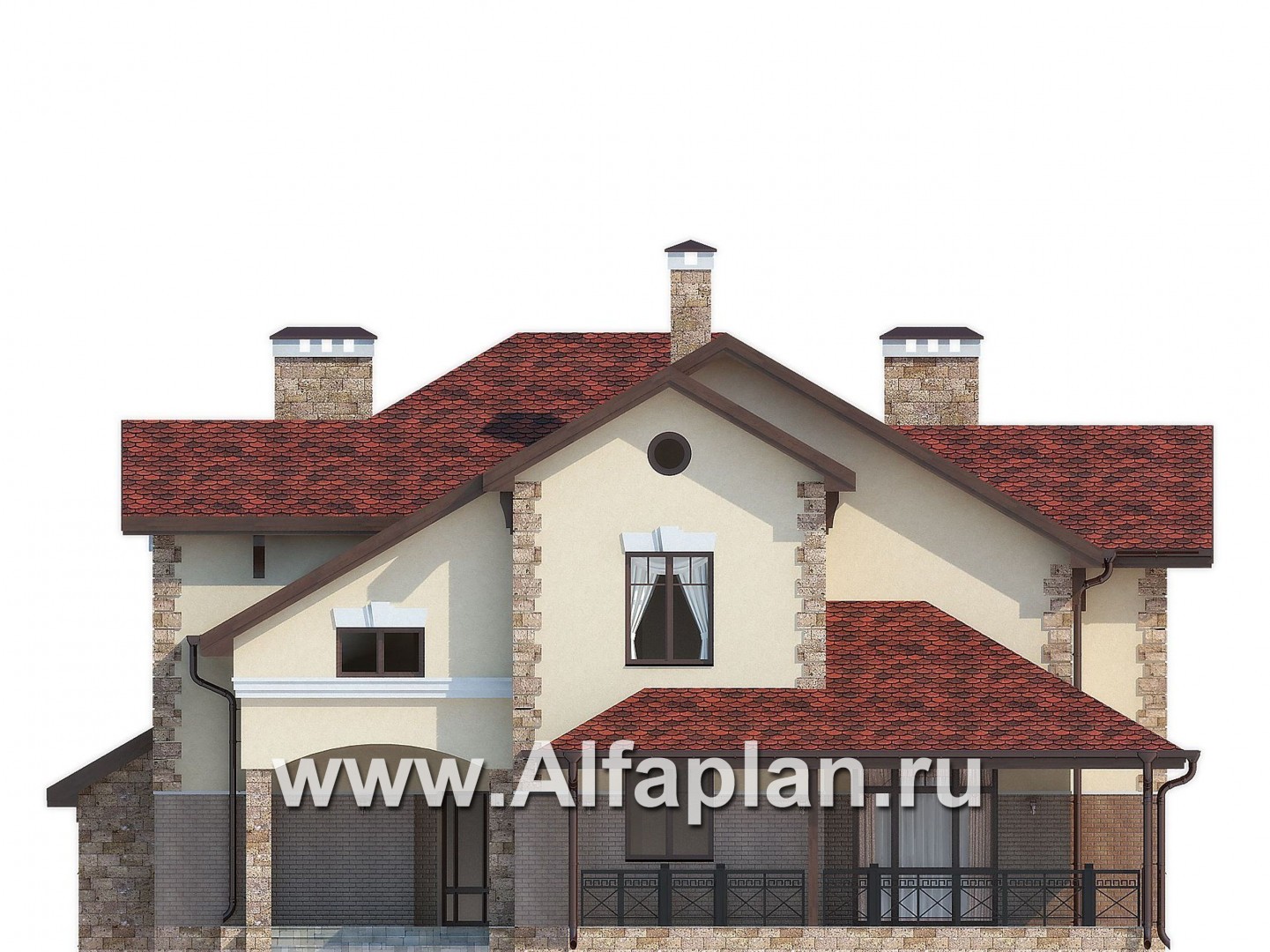 Проект двухэтажного дома, с эркером и с террасой, вход с угла, в стиле эклектика - фасад дома