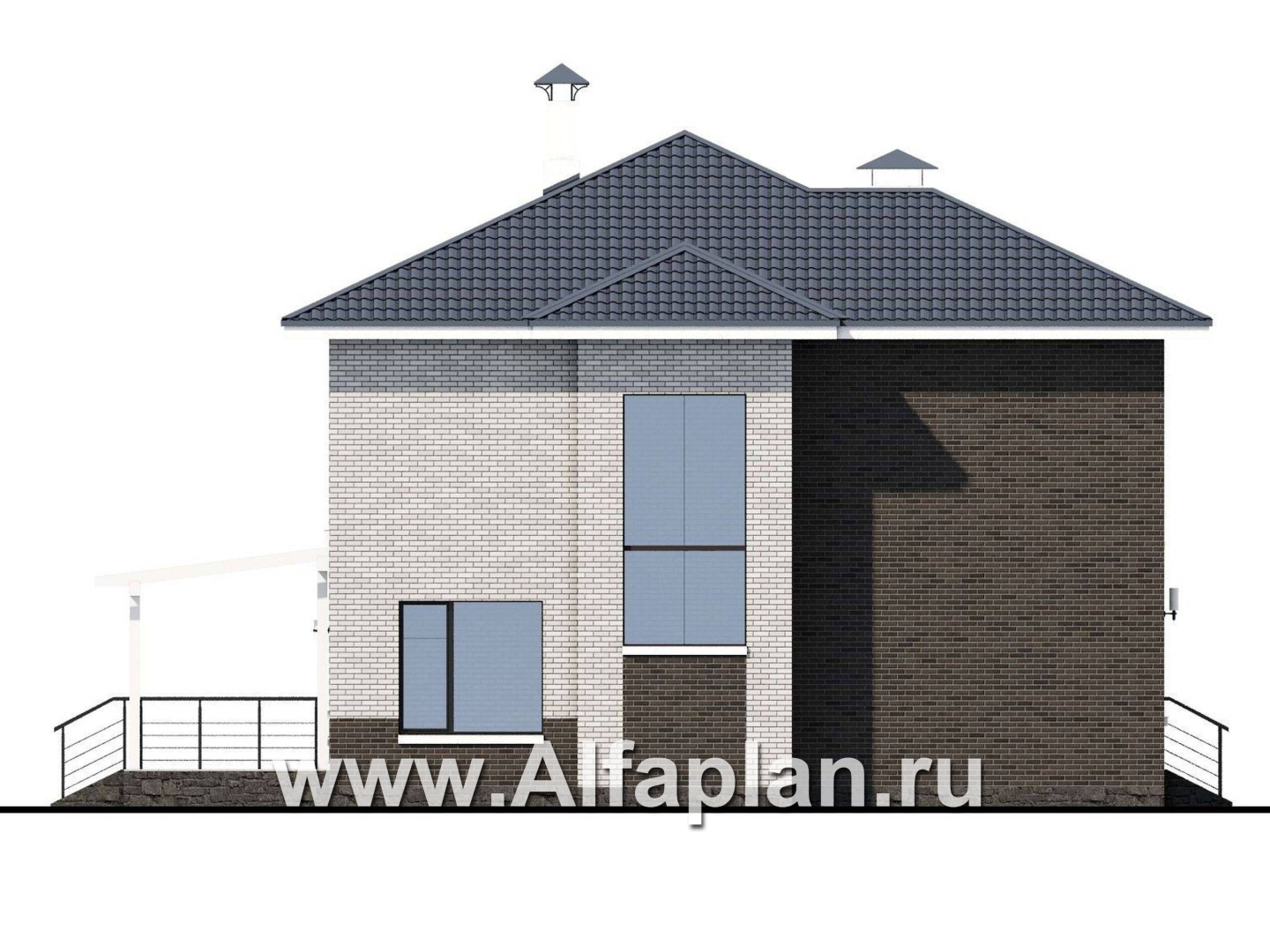 «Золотой закат» - проект двухэтажного дома из газобетона, планировка мастер спальня и терраса на заднем фасаде - фасад дома