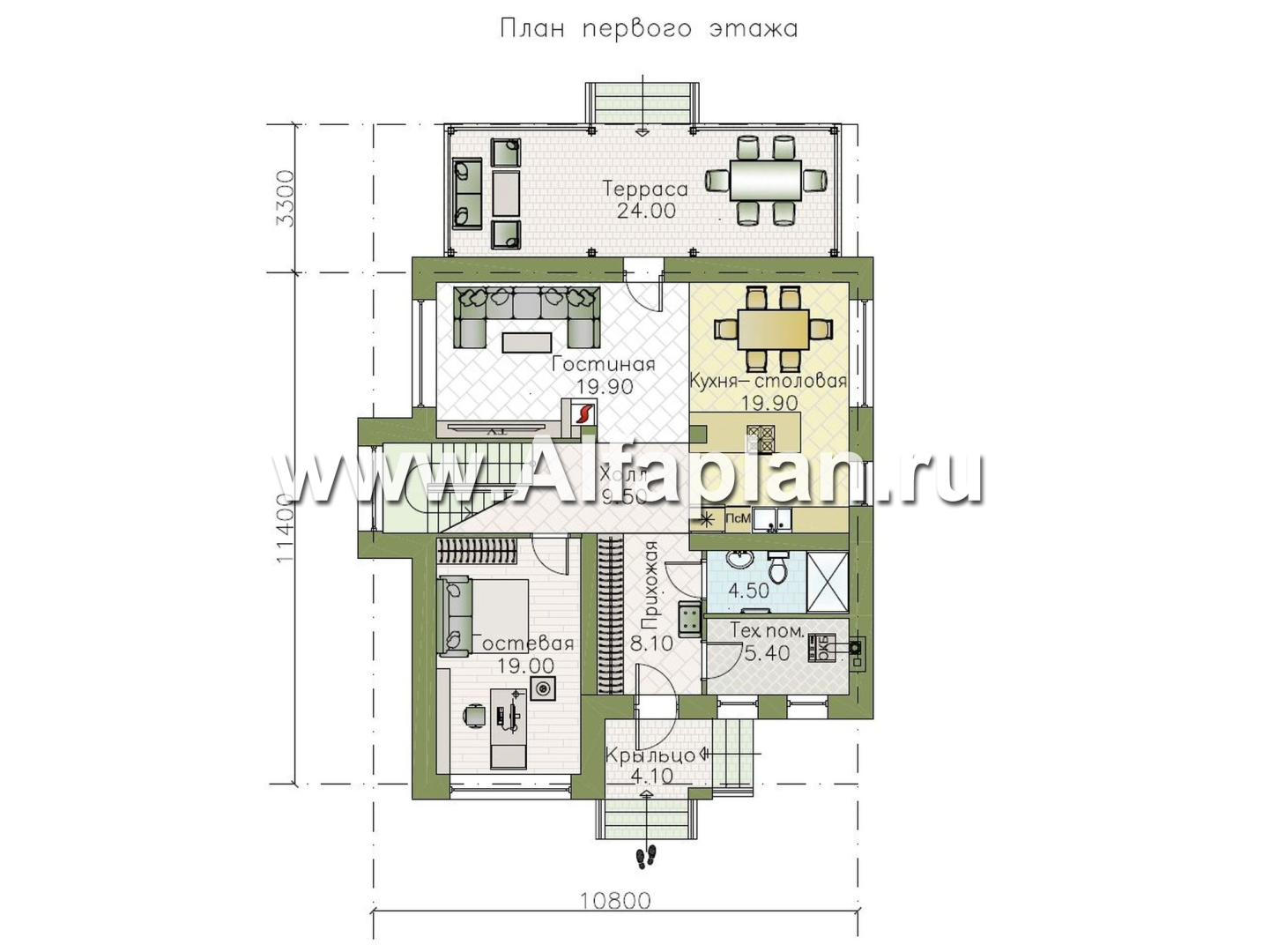 «Золотой закат» - проект двухэтажного дома из газобетона, планировка мастер спальня и терраса на заднем фасаде - план дома