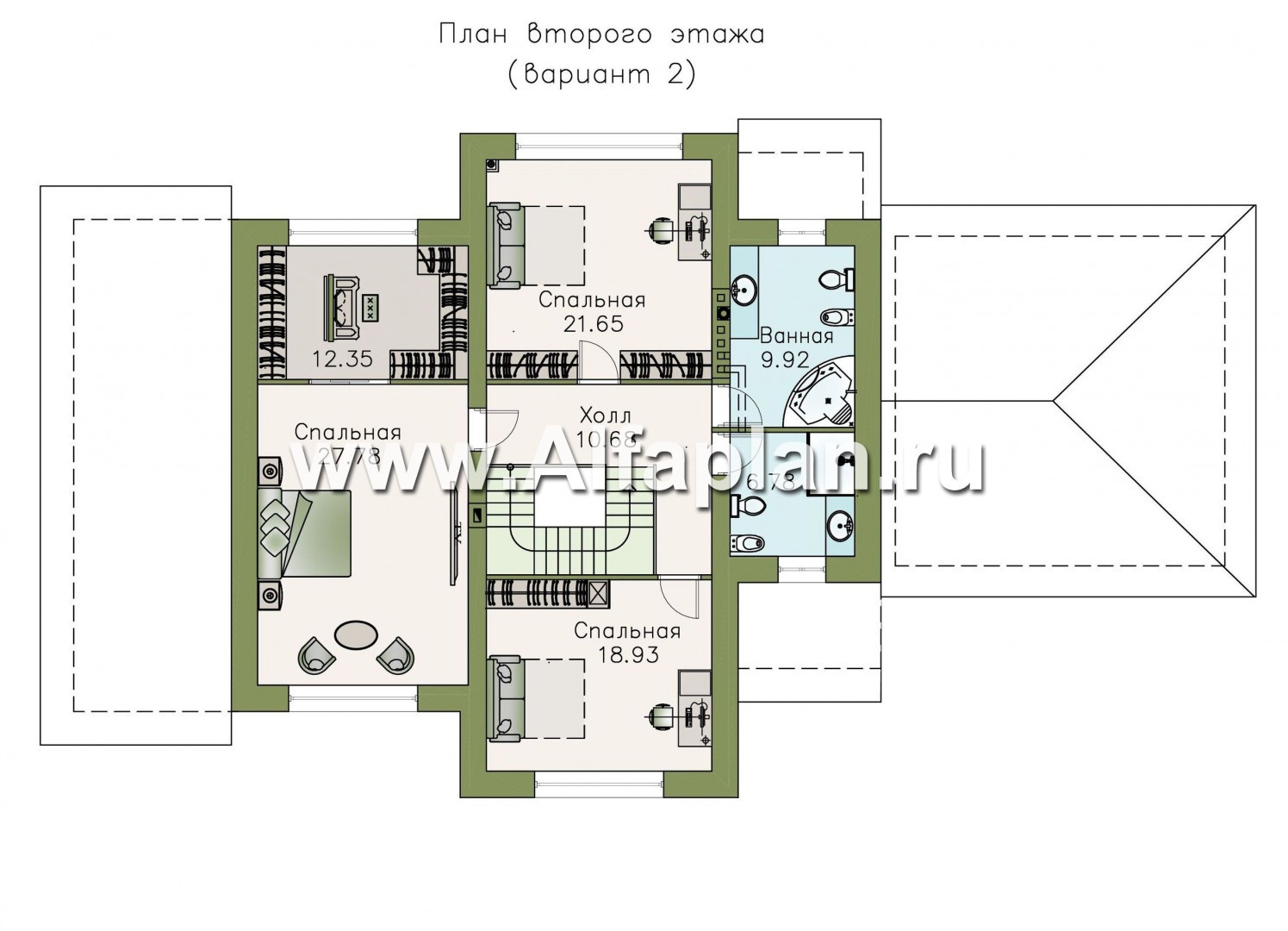 «Патриций» - проект двухэтажного дома, с террасой и навесом на 2 авто, в стиле эклектика, лестница в центре - план дома