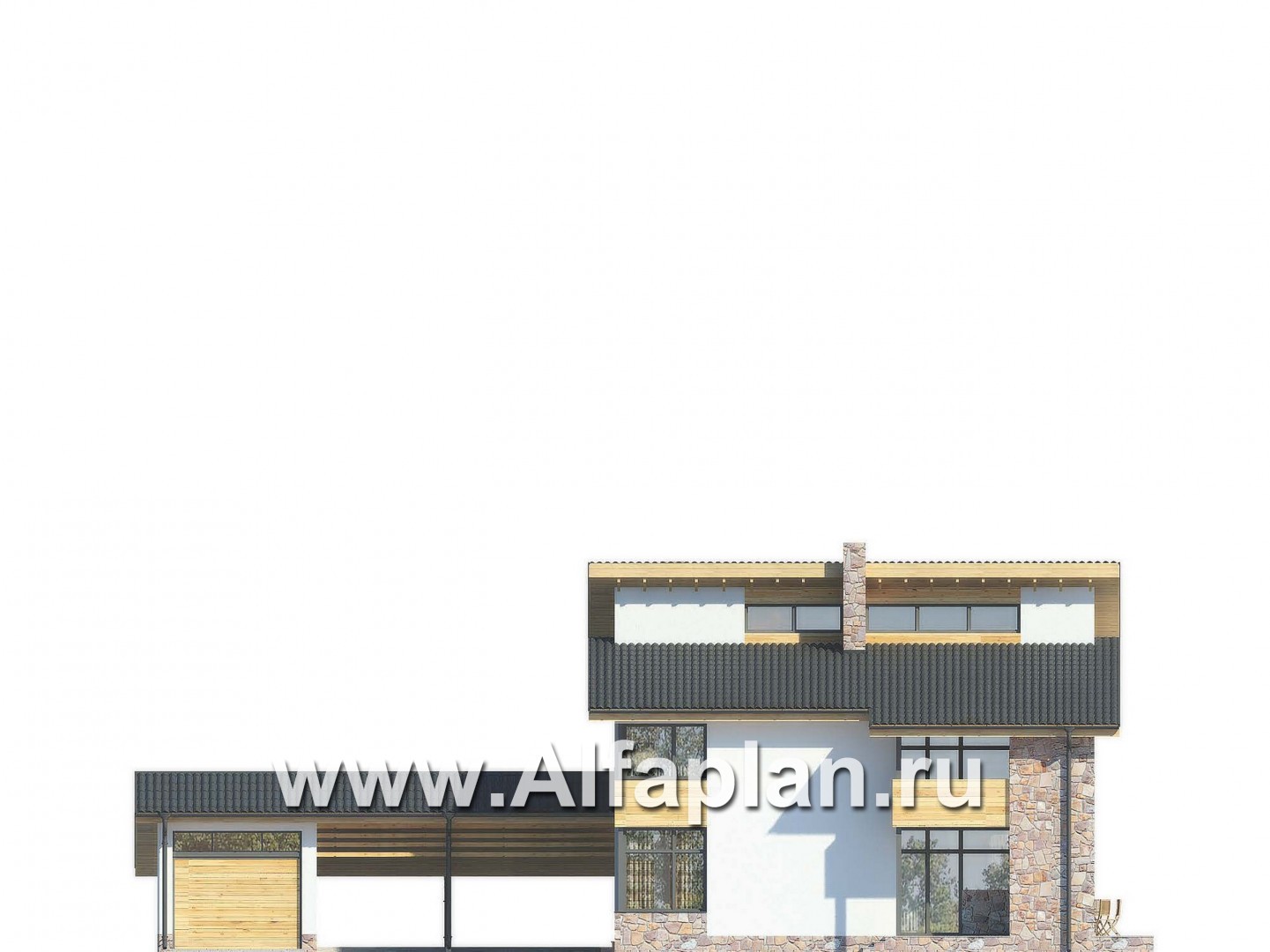 Проекты домов Альфаплан - Современный коттедж с большим гаражом-стоянкой - изображение фасада №1