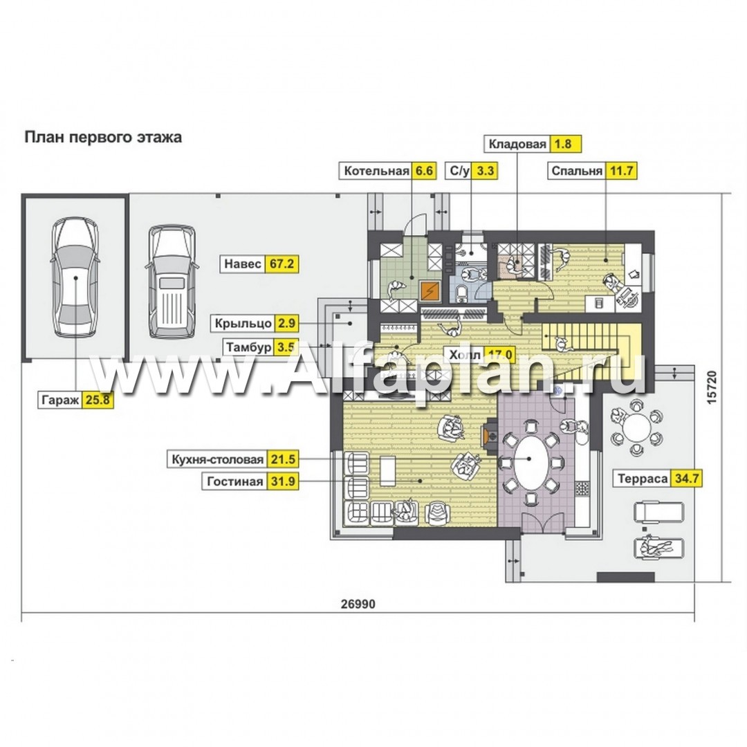 Проекты домов Альфаплан - Современный коттедж с большим гаражом-стоянкой - план проекта №1