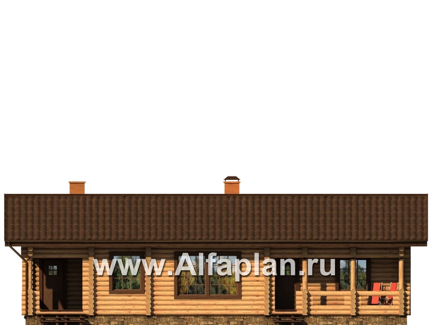 Проекты домов Альфаплан - Проект одноэтажного дома, из бревен, дача, дом для отдыха - изображение фасада №1
