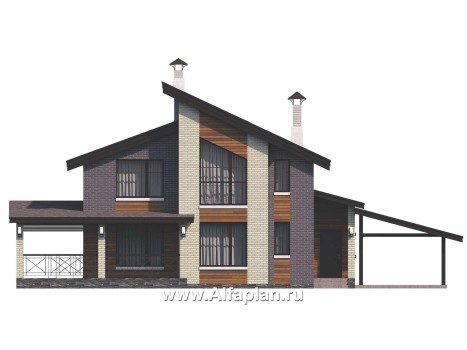 Проекты домов Альфаплан - «Стимул» - проект стильного двухэтажного дома с гаражом-навесом - превью фасада №1