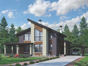 Проекты домов Альфаплан - «Стимул» - проект стильного двухэтажного дома с гаражом-навесом - превью основного изображения