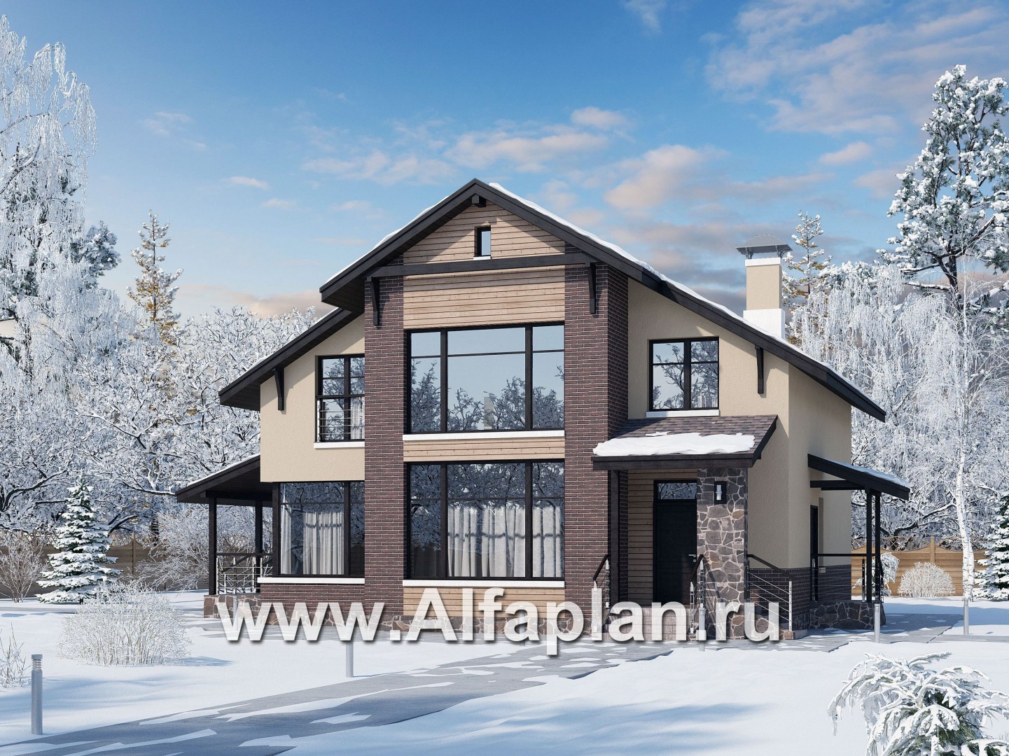 Проекты домов Альфаплан - «Клипер» - комфортный план дома, двускатная крыша - основное изображение