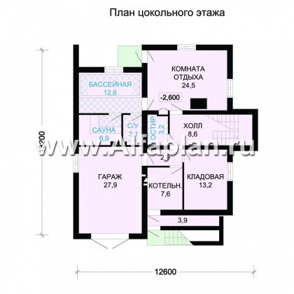 Проект дома с мансардой из бревен, с цокольным этажом, гараж и сауна   цоколе - превью план дома