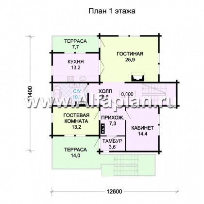 Проект дома с мансардой из бревен, с цокольным этажом, гараж и сауна   цоколе - превью план дома