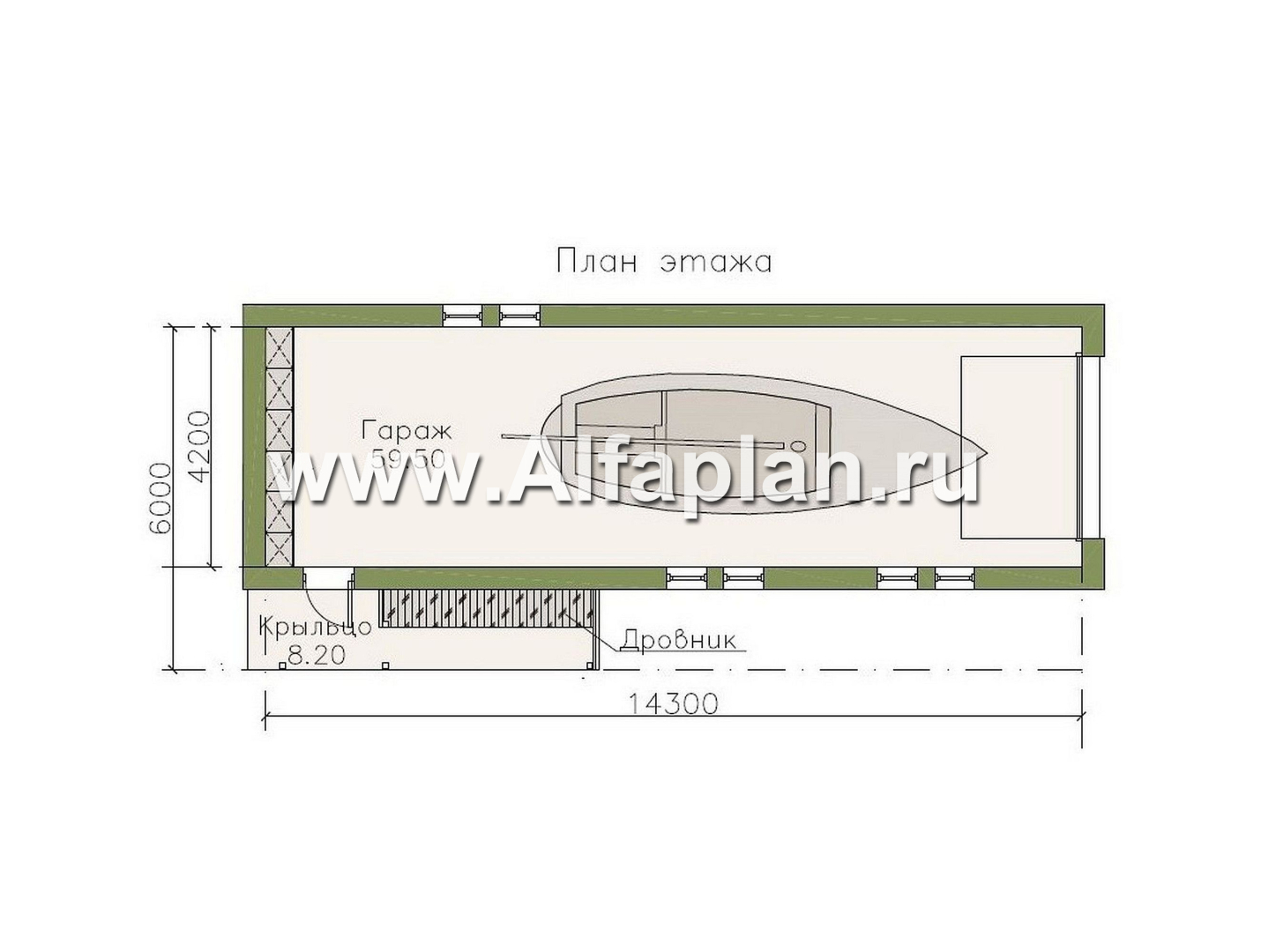 Проекты домов Альфаплан - Длинный гараж на 2 места или эллинг для катера - план проекта №1