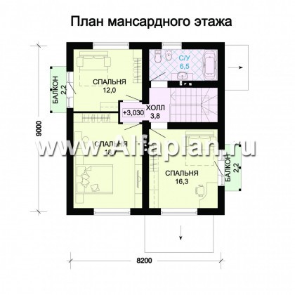 Проект дома с мансардой, 3 спальни, дачный коттедж - превью план дома