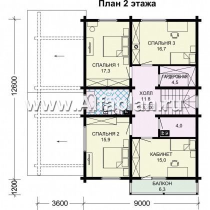 Проект двухэтажного дома из бруса, с навесом на 1 авто и с угловой террасой - превью план дома