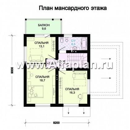 Проект дома с мансардой, 3 спальни, с террасой и с гаражом, дачный коттедж - превью план дома