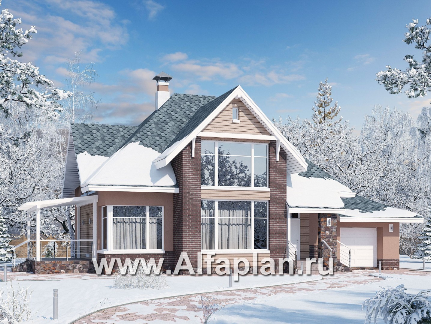 Проекты домов Альфаплан - «Домик в Коломне» - уютный дом с мансардой и гаражом - основное изображение