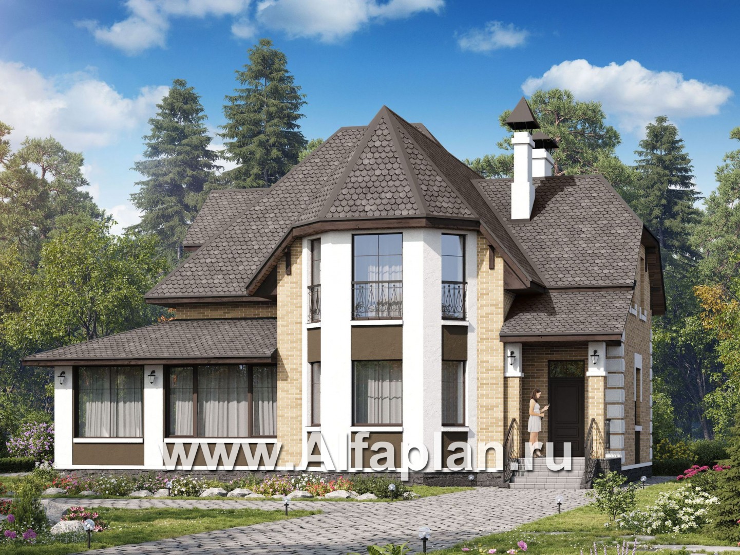 Проекты домов Альфаплан - «Клио» - классический коттедж с красивым эркером - основное изображение