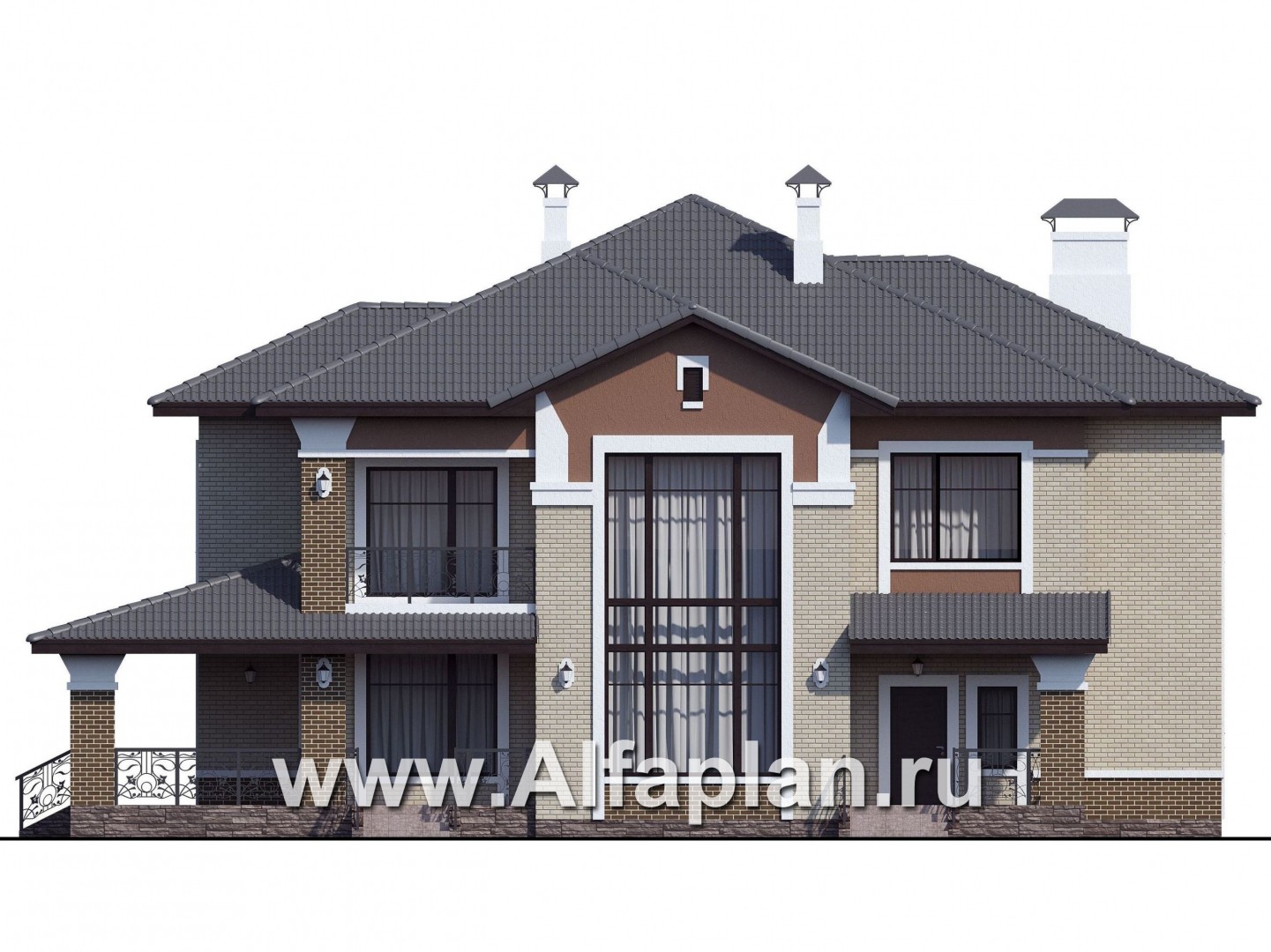 Проекты домов Альфаплан - «Арно» - проект двухэтажного дома, особняк с двусветной гостиной, с террасой и сауной - изображение фасада №1