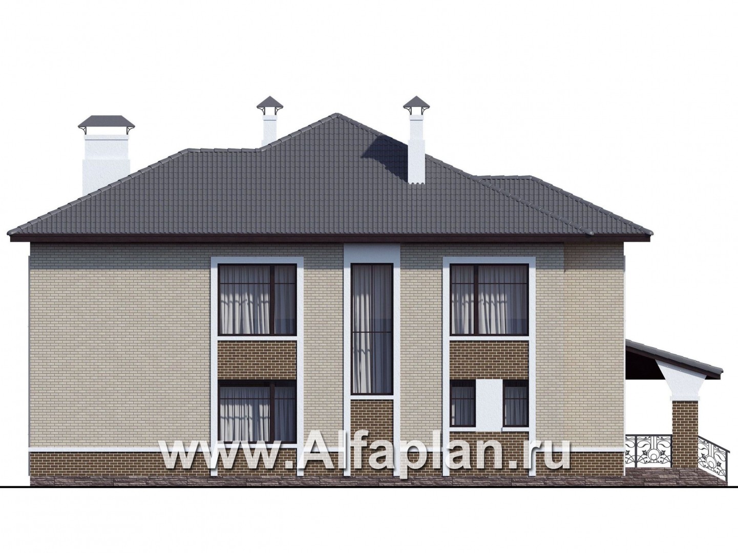Проекты домов Альфаплан - «Арно» - проект двухэтажного дома, особняк с двусветной гостиной, с террасой и сауной - изображение фасада №4