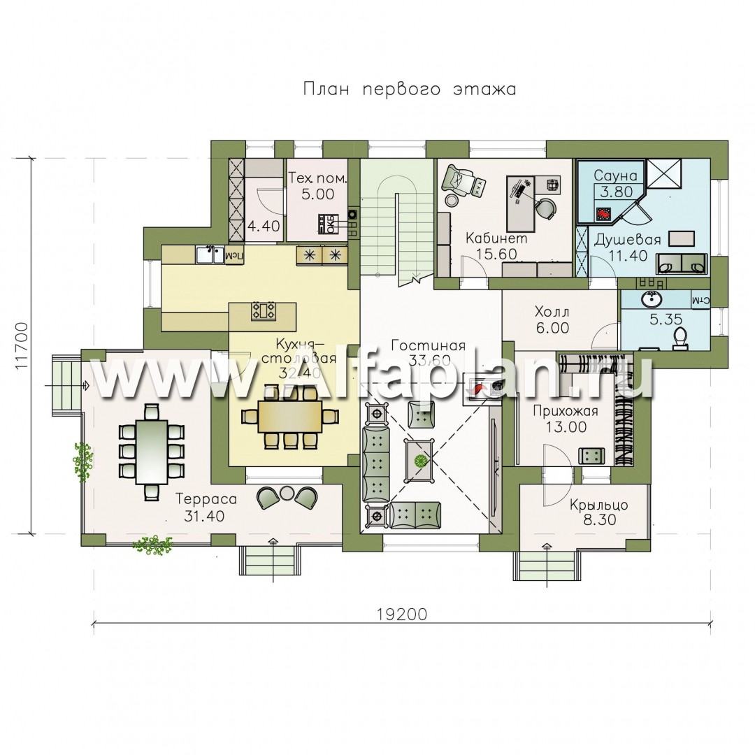 Проекты домов Альфаплан - «Арно» - проект двухэтажного дома, особняк с двусветной гостиной, с террасой и сауной - изображение плана проекта №1