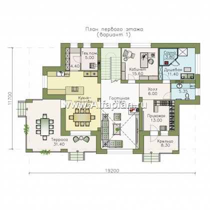 Проекты домов Альфаплан - «Арно» - проект двухэтажного дома, особняк с двусветной гостиной, с террасой и сауной - превью плана проекта №2