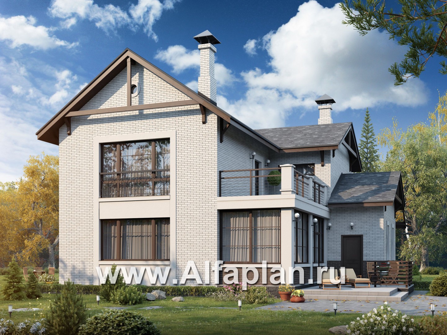 Проекты домов Альфаплан - «Флагман» - коттедж с большой верандой и солярием - дополнительное изображение №1