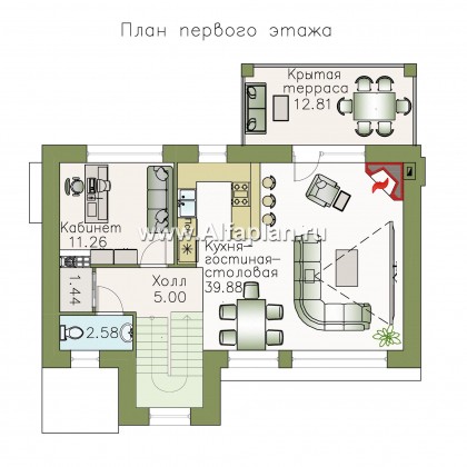 «Альпина» - проект двухэтажного дома, с мансардой и с гаражом на 1 авто и сауной в цоколе - превью план дома