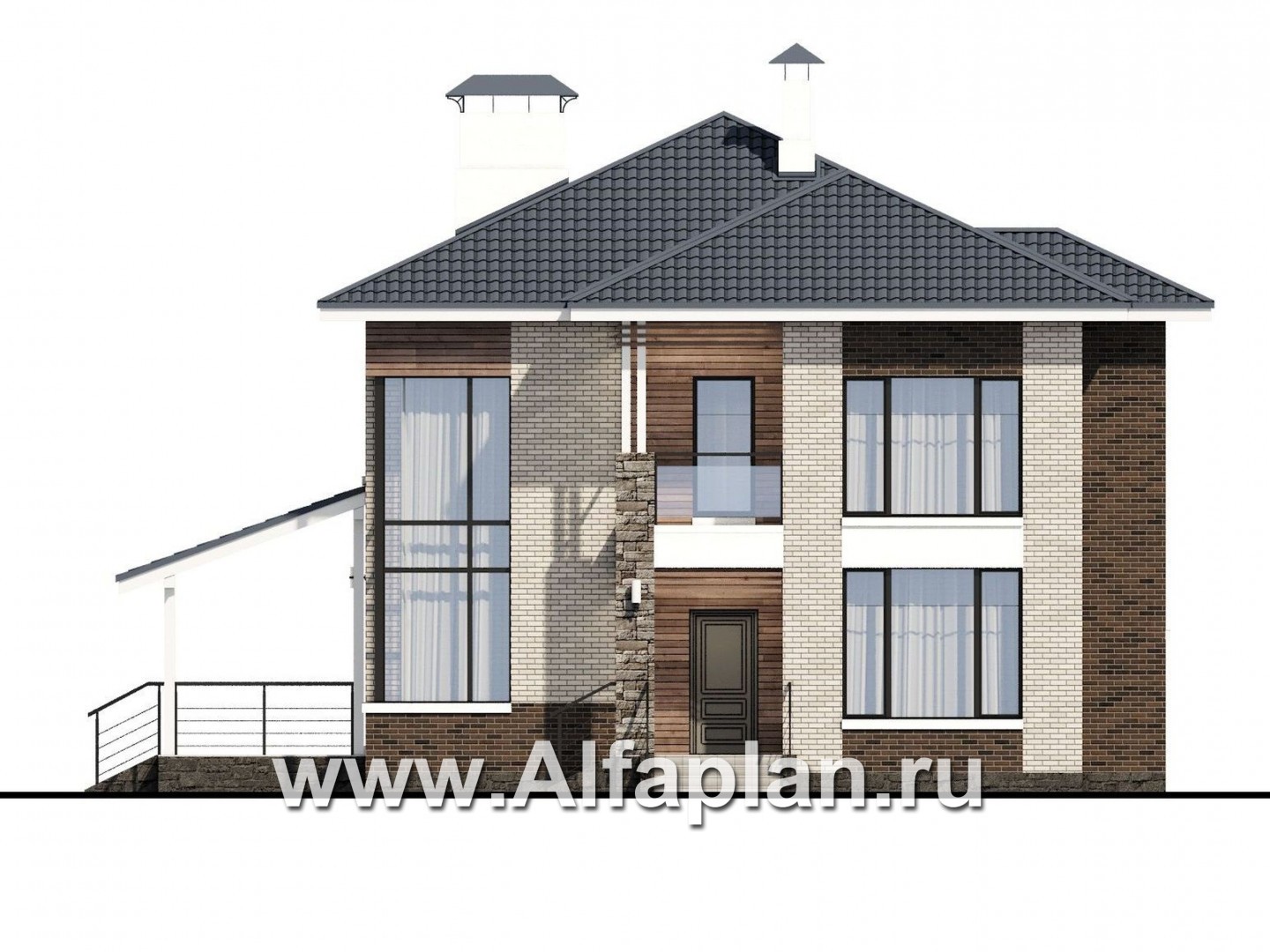 «Роман с камнем» — проект двухэтажного дома, планировка дома со вторым светом столовой и с террасой - фасад дома