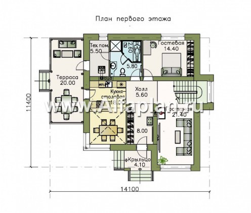 «Роман с камнем» — проект двухэтажного дома, планировка дома со вторым светом столовой и с террасой - превью план дома