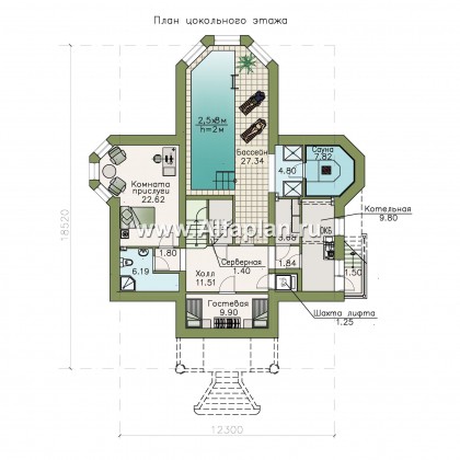 Проекты домов Альфаплан - «Головин плюс» - проект двухэтажного дома из газобетона, планировка с лестницей в центре, в классическом стиле с бассейном в цоколе - превью плана проекта №1