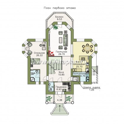 Проекты домов Альфаплан - «Головин плюс» - проект двухэтажного дома из газобетона, планировка с лестницей в центре, в классическом стиле с бассейном в цоколе - превью плана проекта №2