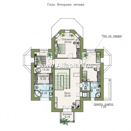 Проекты домов Альфаплан - «Головин плюс» - проект двухэтажного дома из газобетона, планировка с лестницей в центре, в классическом стиле с бассейном в цоколе - превью плана проекта №3