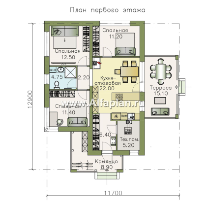 «Аэда» - проект одноэтажного дома, 3 спальни, с остекленной верандой, в современном стиле - превью план дома