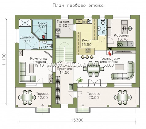 «Пикассо» - проект двухэтажного дома, с террасой и балконом, с гостевой пристройкой и сауной - превью план дома