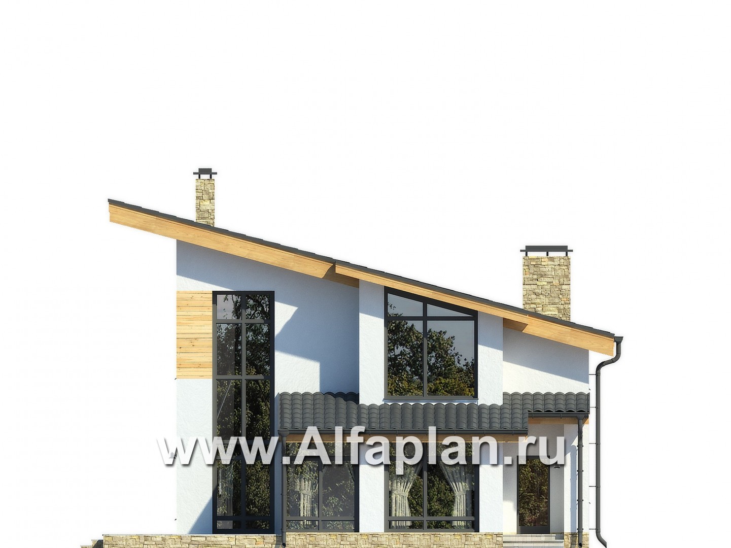 Проекты домов Альфаплан - Современный коттедж с односкатной кровлей - изображение фасада №2