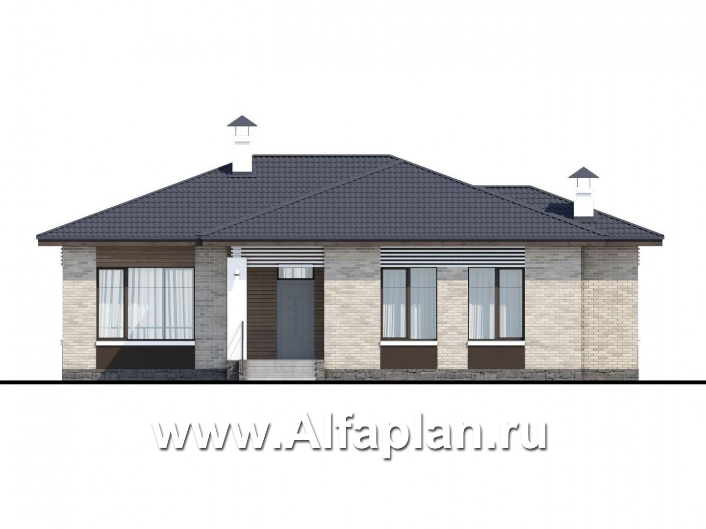 Проекты домов Альфаплан - «Выбор удачи» - проект современного одноэтажного дома, с террасой, из кирпичей или блоков - изображение фасада №1