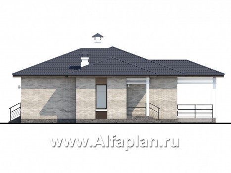 Проекты домов Альфаплан - «Выбор удачи» - проект современного одноэтажного дома, с террасой, из кирпичей или блоков - превью фасада №2