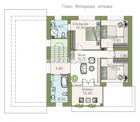 «Пикассо» - проект двухэтажного дома из газобетона, с террасой и балконом, фасад штукатурка - превью план дома